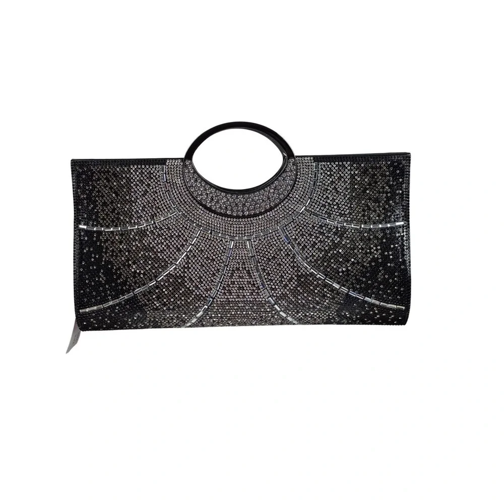 Black Rhinestone Sunburst Evening Clutch Bag with Circular Handle NEW